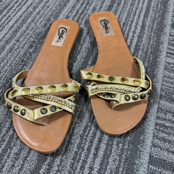 Candies gold studded and rhinestone embellished thong flat sandals - Picture 1 of 6